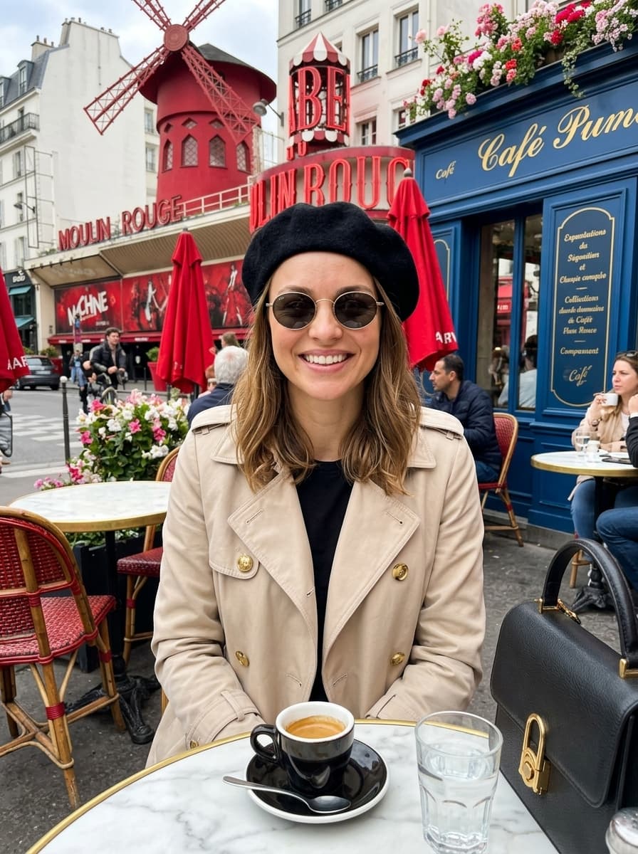 Foto final gerada: cenário em Paris, qualidade de estúdio