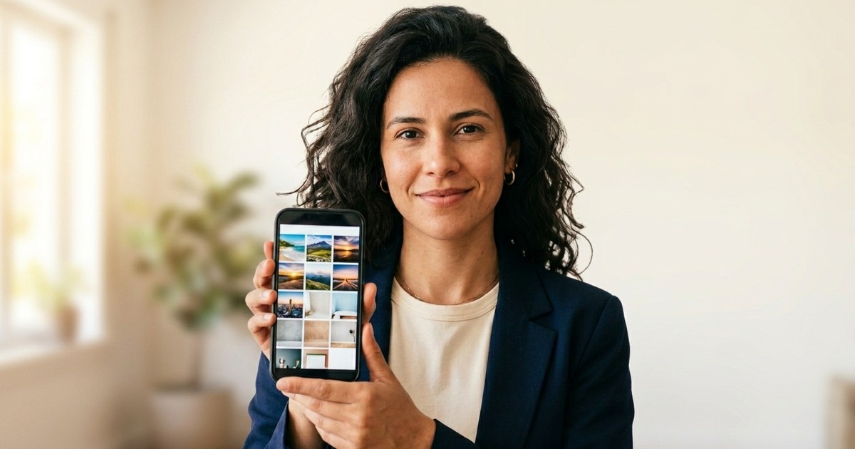 App para criar fotos com IA: mulher mostra no celular um catálogo visual de cenários
