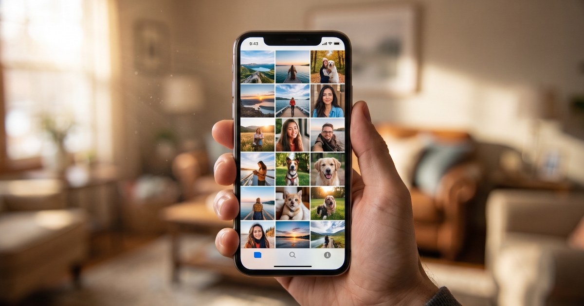Celular na mão exibindo a galeria de fotos em grade, na sala de casa