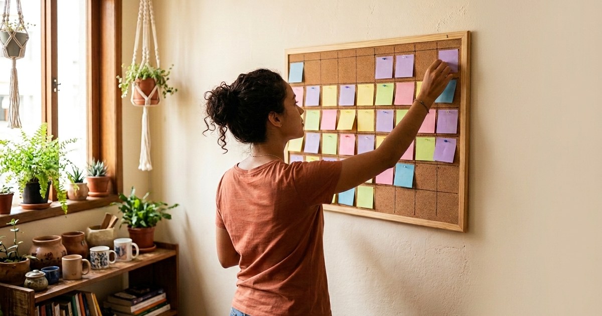 Calendário de postagem para Instagram: mulher organiza os posts do mês em um quadro de parede