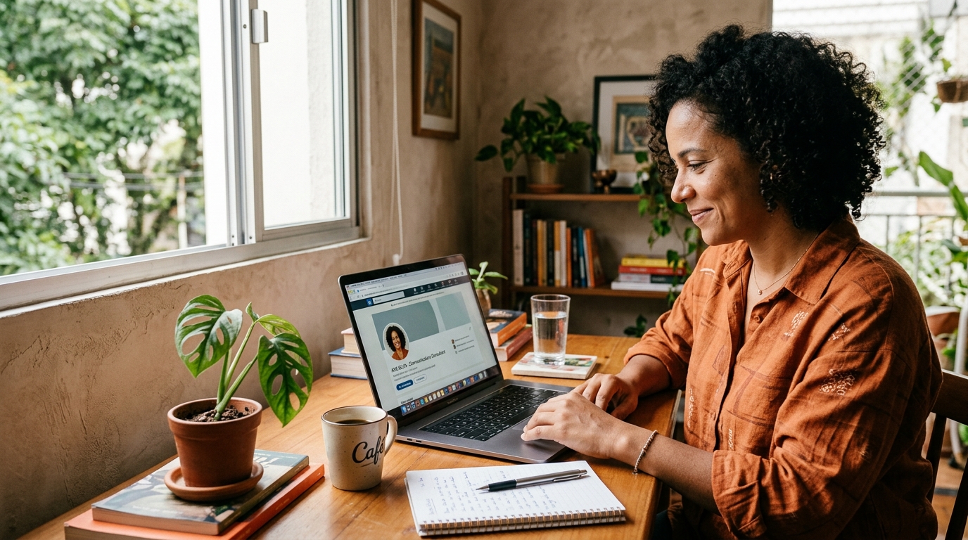 Mulher de cabelos cacheados sorri ao ver no notebook uma foto de perfil dela gerada com IA, em um home office aconchegante com luz natural.