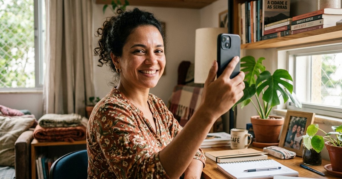 Mulher sorrindo tira selfie com o celular em casa — foto para perfil do WhatsApp