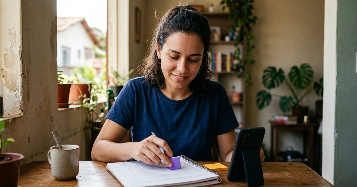 O que postar no Instagram: mulher planeja os posts do mês em um caderno sobre a mesa