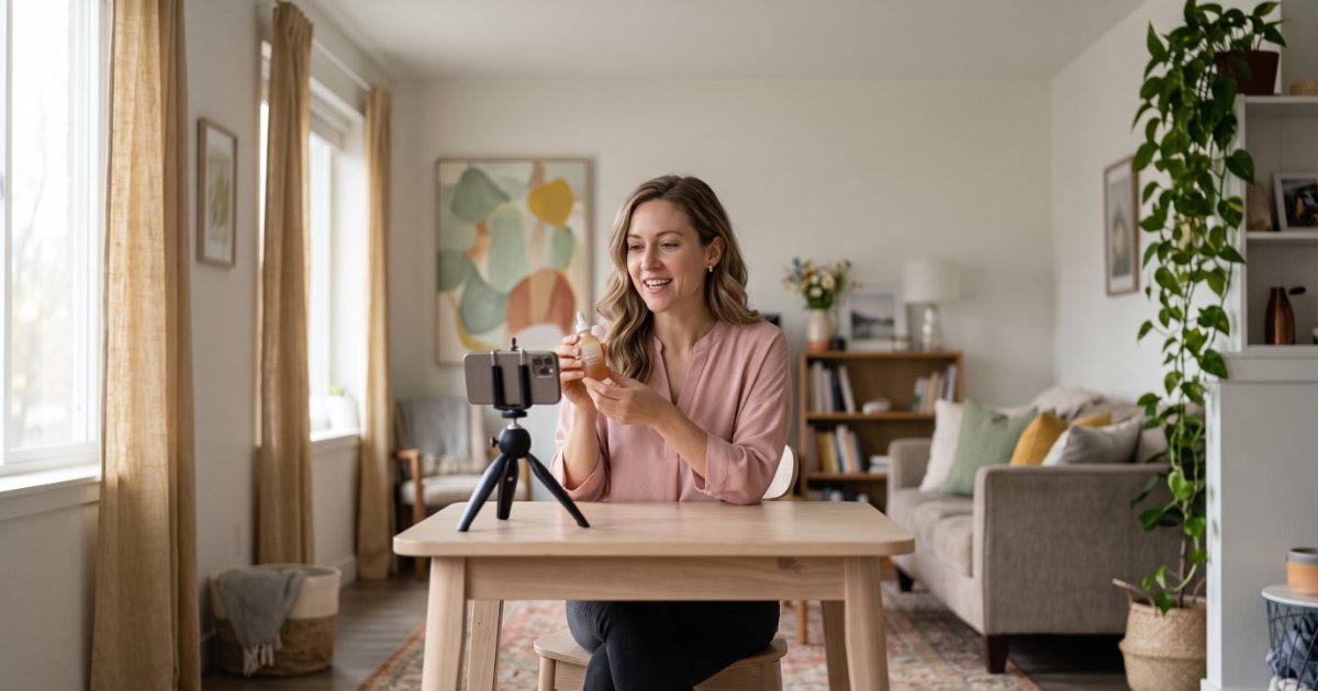 UGC creator gravando vídeo de um produto com o celular no tripé, na sala de casa